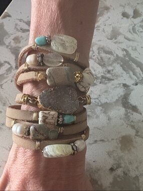 Vintage Druzy turquoise pearl leather snap bar cuff